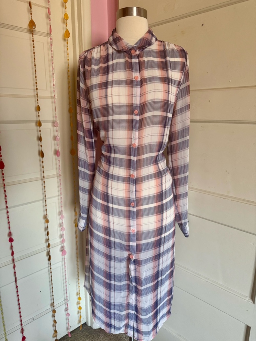 Bongo Pink Blue Plaid Button Front Long Sleeve Shirt Dress Tunic XL